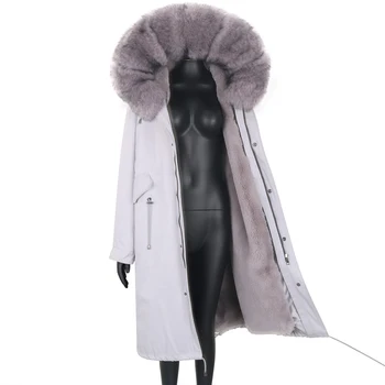 2022 Igazi szőrmebundát X-hosszú Télikabát Vízhatlan Téli Kabát Női Természetes Mosómedve Róka Prém Hood Meleg Ál Nyúl Bélés, Levehető