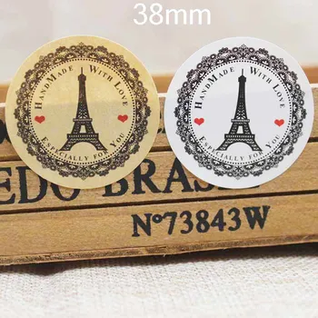 100 38mm kör, kézzel készített szeretettel pecsét nyomtatott címkék Eiffel-Torony design pecsét matrica címkék ajándék/cukorka/sütik/pékség