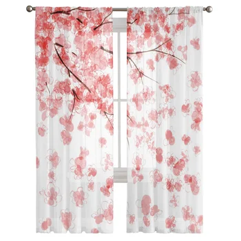 Rózsaszín cseresznyevirág Puszta Függönyt a nappaliban, Hálószobában Voile Kendő Konyha Ablakban Tüll Függöny Haza Essentials
