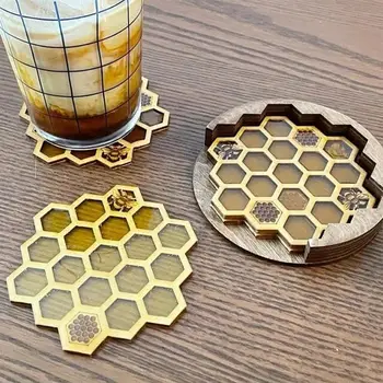 Fa Placemats Kupa Mat Anti-forrázás Fából készült alappal Honeycomb Hatszög Hullámvasút Pad Hőszigetelés Tea Pad lakberendezés
