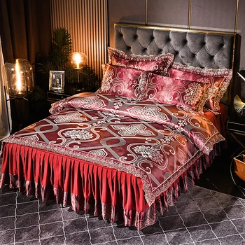Luxus Csipke Ágy Szoknya Szatén ágyneműgarnitúra Haza Királynő King-Size ágy szett 4db paplanhuzat Párnahuzat Ágy Lap Beállítása