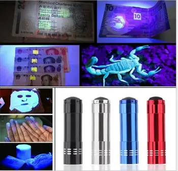 500pcs/sok Személyre szabott Mini Alumínium 9 LED-es UV Lámpa Torch Ultra Violet Blacklight Észlelési Zseblámpát, Világító de led
