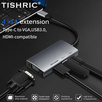 TISHRIC 4 az 1-ben Több Portok C Típusú Dokkoló Állomás, USB HUB, C-Típusú HDMI-Kompatibilis/VGA/PD Power/USB 3 C Típusú Adapter/Splitter