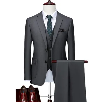 5Xl (Kabát+Mellény+Nadrág) Férfi Luxus Ruhák Üzleti Alkalmi Férfi egyszínű alkalmi ruha Öltöny, Férfi Slim Fit 3 Db Szett Plus Size