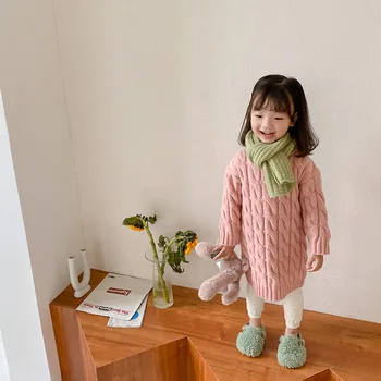 Téli aranyos baba lányok meleg kötött sodrott hosszú pulóver 2022 gyerekek egyszínű alkalmi bázis pulóver