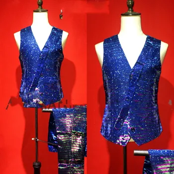 Színe kék glitter gradiens hatás öltöny mellény fodrász csillag szórakozóhely, bár énekes DJDS teljesítmény ruházat