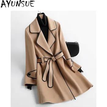 AYUNSUE 100% - os Gyapjú Réteg a Nők koreai Divat kétoldalas Gyapjú Kabát Női Közepes hosszúságú Női kabát Kabát Lace-up SGG2767