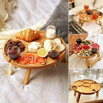 Fából Készült Összecsukható Hordozható Piknik Asztal Szék Alkalmi Snack Tálca Borospince, Konyha Tároló