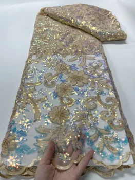 Forró eladási szövet magas minőségű Afrikai csipke anyagból, kézzel készített 3D-s gyöngyös arany flitter esküvői ruha anyag, francia háló csipke