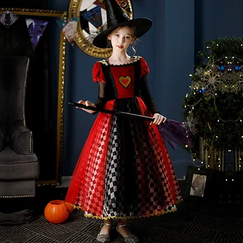 Gyerekek Red Queen Of Hearts Boszorkány, Vámpír Cosplay Jelmez Lányok Divatos Háló Kockás Splicing Ruhát Halloween Karnevál Party Ruhák