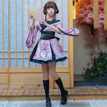 A hagyományos Japán Lolita Anime Cosplay Jelmez Kimonó Ruha Női Sakura Yukata Tutu Aranyos Lány Haori Fél Színpadon Ruha