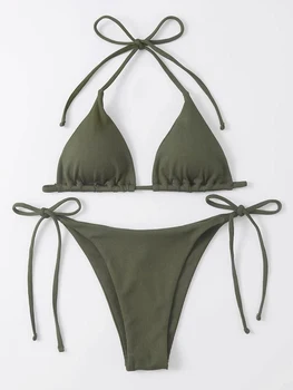 Bikini Tanga Fürdőruha Női Fürdőruha 2023 Új Szilárd Zöld Szexi Csipke Bikini Szett 2 Darab Fürdőruha Női Nyári Strand Viselet