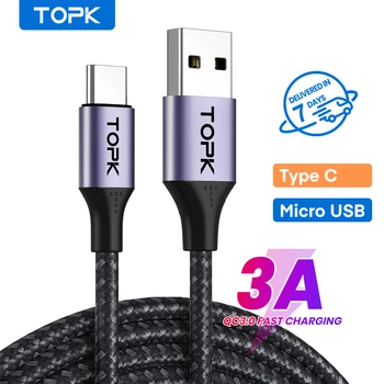 TOPK AN10 3A Micro USB-C Típusú Telefon Töltő Töltő kábel Kábel Quick Charge Mobil Telefon Kábelek Vezeték a Xiaomi Redmi Megjegyzés 10 9