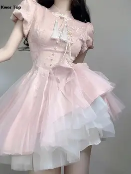 Nyáron Új Aranyos Rózsaszín, Rövid Ruha, Női Ok-Okozati Elegáns Y2k Este Fél Mini Vestidos Koreai Édes Háló Hercegnő Ruha