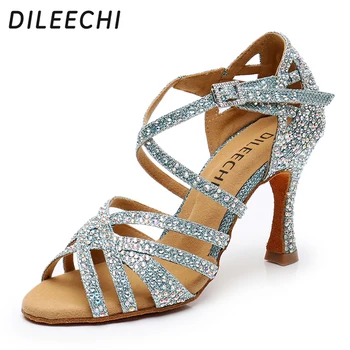 DILEECHI Latin tánc cipő kék csillogó strasszos Női társastánc cipő fél Salsa flash 9cm magas sarok