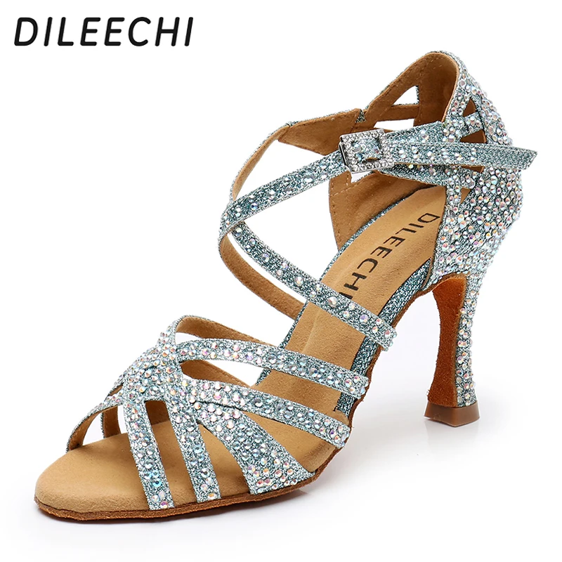 DILEECHI Latin tánc cipő kék csillogó strasszos Női társastánc cipő fél Salsa flash 9cm magas sarok . ' - ' . 0