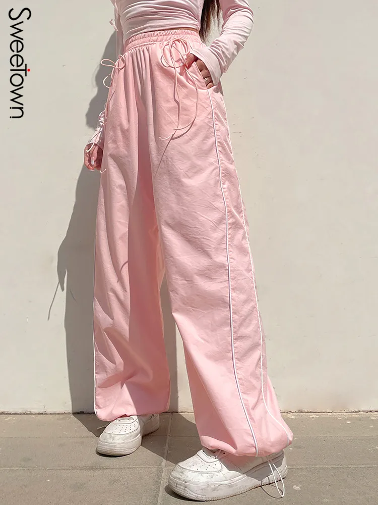 Sweetown Koreai Divat Rózsaszín Hippi Bő Kocogók Nők Zsinórral, Magas Derék Alkalmi Melegítő Street Style Egyenes Láb Nadrág . ' - ' . 1