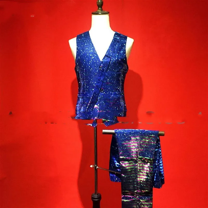 Színe kék glitter gradiens hatás öltöny mellény fodrász csillag szórakozóhely, bár énekes DJDS teljesítmény ruházat . ' - ' . 1