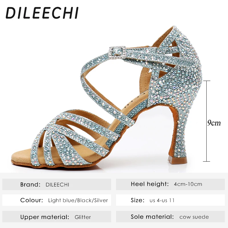 DILEECHI Latin tánc cipő kék csillogó strasszos Női társastánc cipő fél Salsa flash 9cm magas sarok . ' - ' . 1