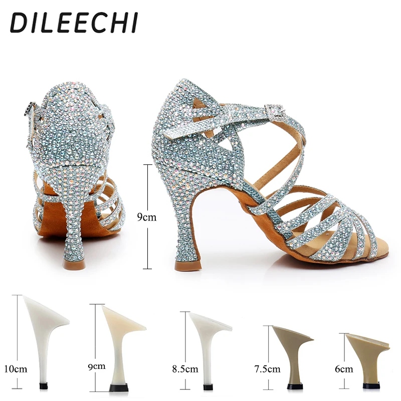 DILEECHI Latin tánc cipő kék csillogó strasszos Női társastánc cipő fél Salsa flash 9cm magas sarok . ' - ' . 2