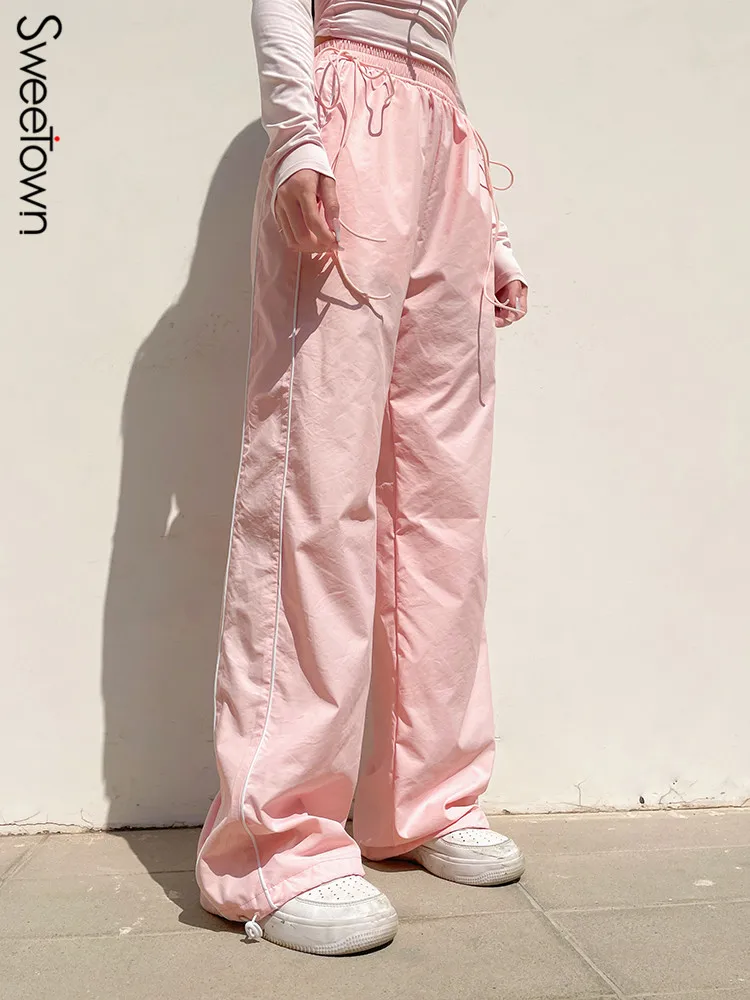 Sweetown Koreai Divat Rózsaszín Hippi Bő Kocogók Nők Zsinórral, Magas Derék Alkalmi Melegítő Street Style Egyenes Láb Nadrág . ' - ' . 3