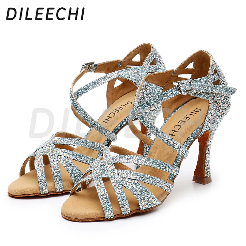 DILEECHI Latin tánc cipő kék csillogó strasszos Női társastánc cipő fél Salsa flash 9cm magas sarok . ' - ' . 3