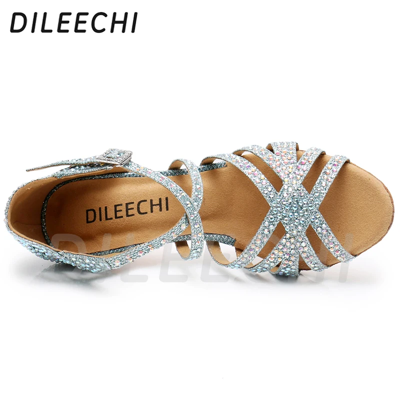 DILEECHI Latin tánc cipő kék csillogó strasszos Női társastánc cipő fél Salsa flash 9cm magas sarok . ' - ' . 4